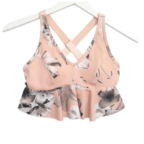 L'urv Pink Sports Bra Top Sz Small Peplum Floral Print Ruffle Cross Racer Back - Picture 1 of 7